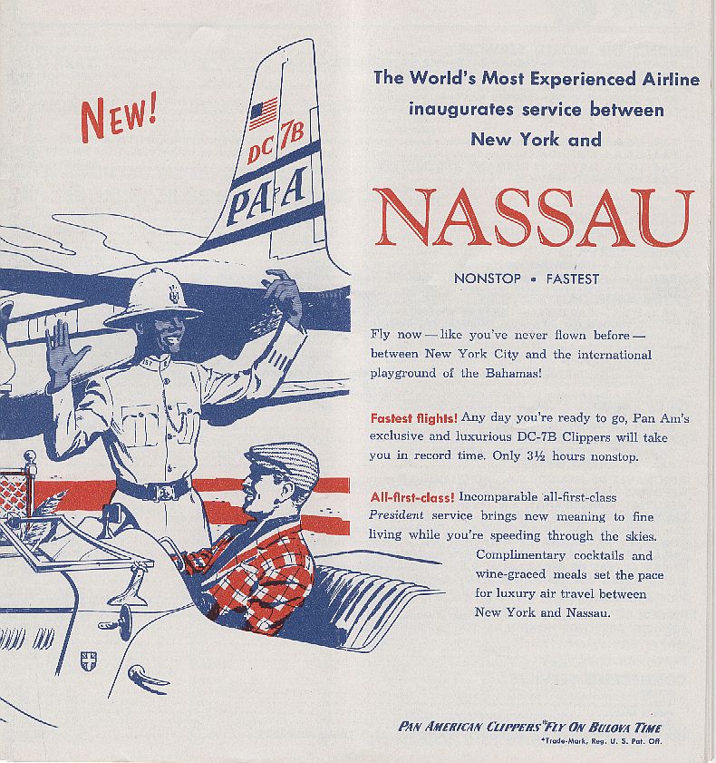 1957, March, A Pan American timetable ad promoting Nassau, Bahamas.